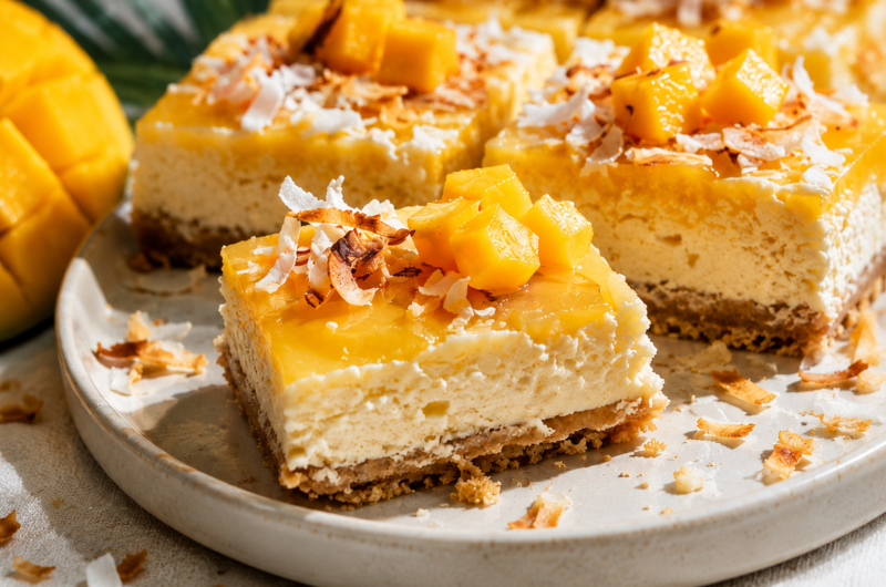 Mango Coconut Cheesecake Bars with a Creamy, Dreamy Filling