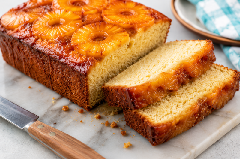 Buttery Pineapple Upside Down Loaf Cake with Caramelized Fruit