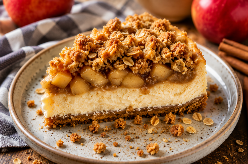 Creamy Apple Crisp Cheesecake with a Buttery Crunch Topping