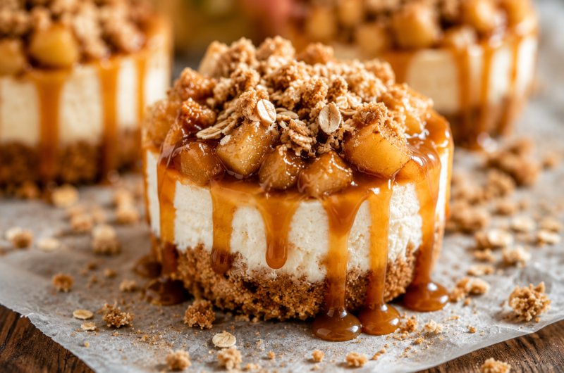 Caramel Apple Crisp Mini Cheesecakes with a Buttery Crumble