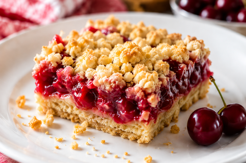 Easy Cherry Crumble Pie Bars Recipe with a Buttery Oat Topping