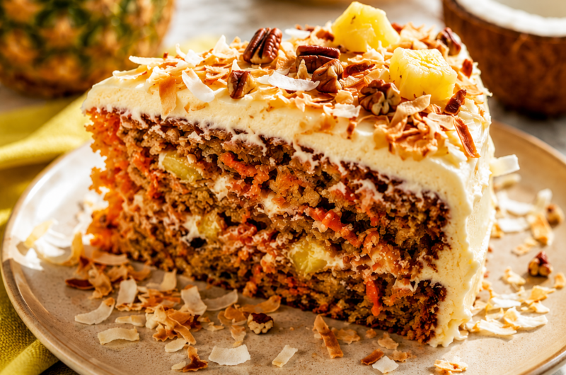 Moist Tropical Carrot Cake Loaded with Pineapple and Coconut