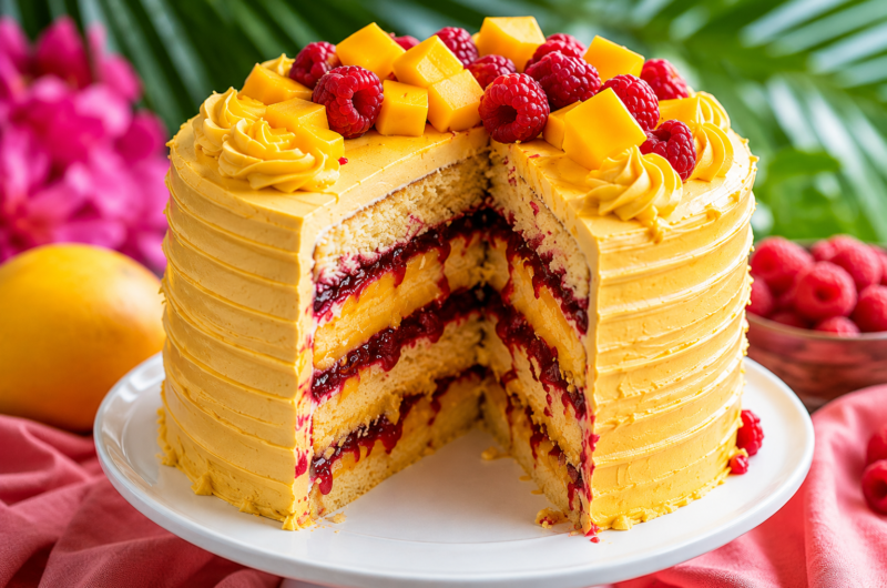 Mango Raspberry Layer Cake — Moist, Fruity, and Delicious