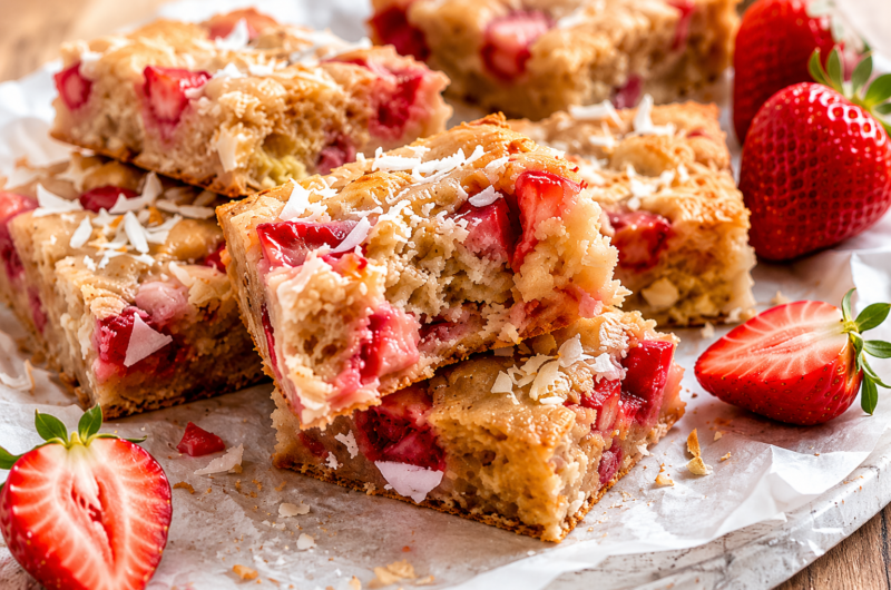 Fresh Strawberry Coconut Blondies That Melt in Your Mouth