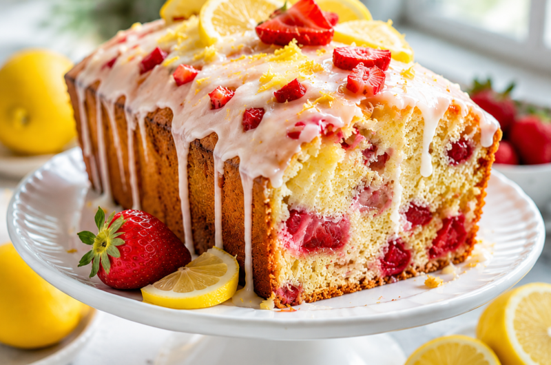Fresh Strawberry Lemon Loaf Cake with a Bright Lemon Glaze