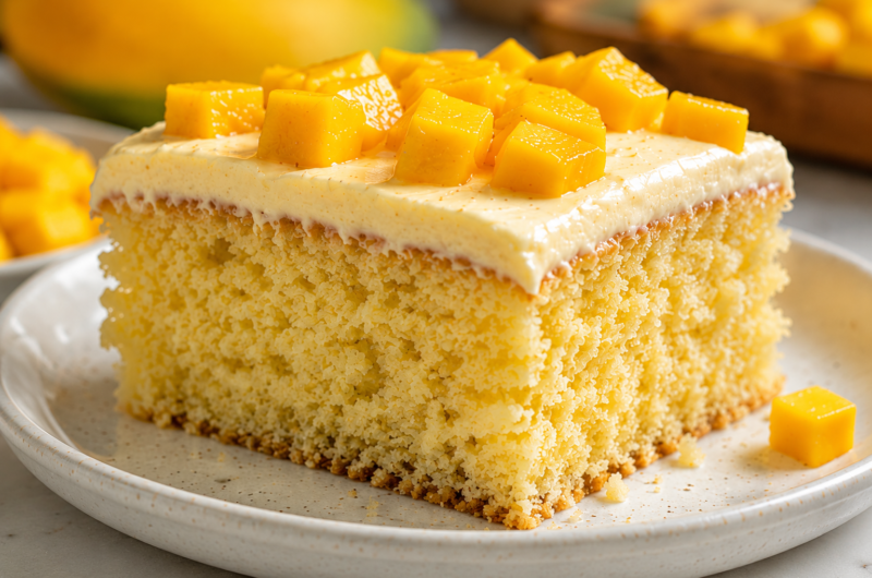 Moist Mango Vanilla Sheet Cake with Creamy Vanilla Frosting